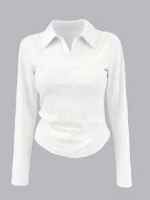 INAWLY 女士纯色长袖褶皱休闲T恤 - 黑色 - 查看 3