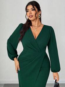 Elenzga 大码女式优雅 V 领长袖裹身开衩修身长裙，适合宴会、派对、婚礼宾客，春/秋/冬 - 墨綠色 - 查看 6