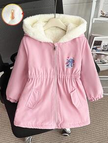 女童冬季拉链连帽长外套，带毛领，保暖内衬，加厚设计，腰部收紧，新款时尚休闲羽绒服 - 粉色 - 查看 3