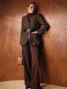 MOTF PREMIUM 配腰带缺口领千鸟格西装外套 - 棕色 - 查看 3