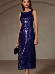 Aveloria Rosie 秋季亮片露背无袖派对性感连衣裙，优雅英伦风 - 藍色 - 查看 4
