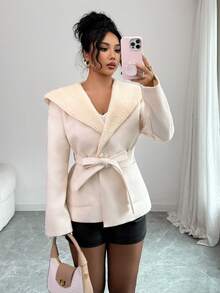 SHEIN Elenzya 女士连帽优雅休闲街头通勤商务浪漫约会派对圣诞外套，杏色，秋冬 - 杏色 - 查看 3