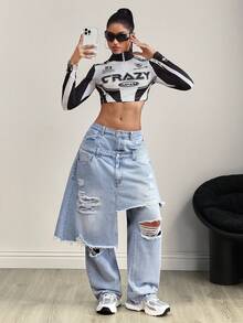 SHEIN Tall 女式宽松破洞口袋休闲牛仔裤 - 淺色水洗藍 - 查看 6