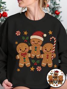 EMERY ROSE "Merry Christmas" Gingerbread Man-Themed Printed Casual Enhanced Sweatshirt - Black - View 1