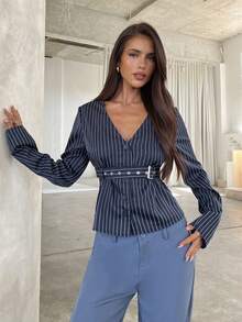 Aloruh Women's Striped V-Neck Long Sleeve Single-Breasted Belted Casual Shirt - Blue - View 4