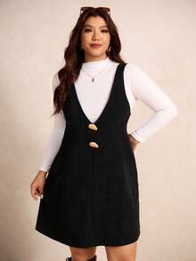 Elaquor Plus Size Women Metal Decor Elegant Suspender Dress, Autumn/Winter - Black - View 1