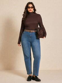 Elaquor Plus Size Solid Color Turtleneck Fitted Elegant Long Sleeve T-Shirt Brown - Coffee Brown - View 3