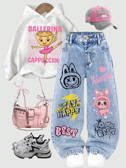 SHEIN ChillGRL Söta jeans med grafiskt tryck för små flickor, nya, lämpliga för alla årstider, trendig, avslappnad rak benmodell, rosa tecknat mönster, ljusblå tvättad denim