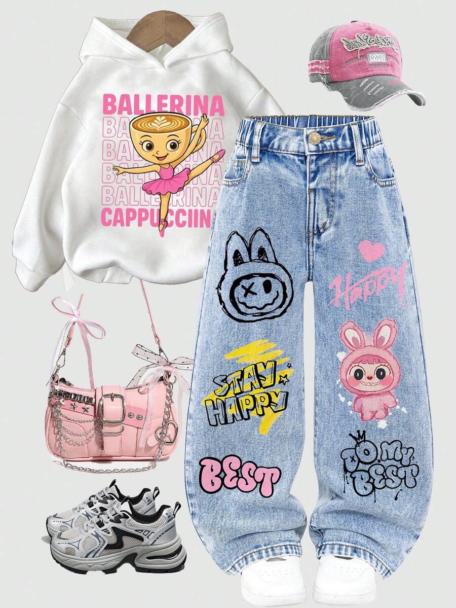 SHEIN ChillGRL Toddler Girls' Cute Graphic Print Jeans, New Arrival, Suitable For All Seasons, Fashionable Casual Straight Leg Style, Pink Cartoon Pattern, Light Blue Washed Denim Cutesy Clothes - Light Wash - View 1