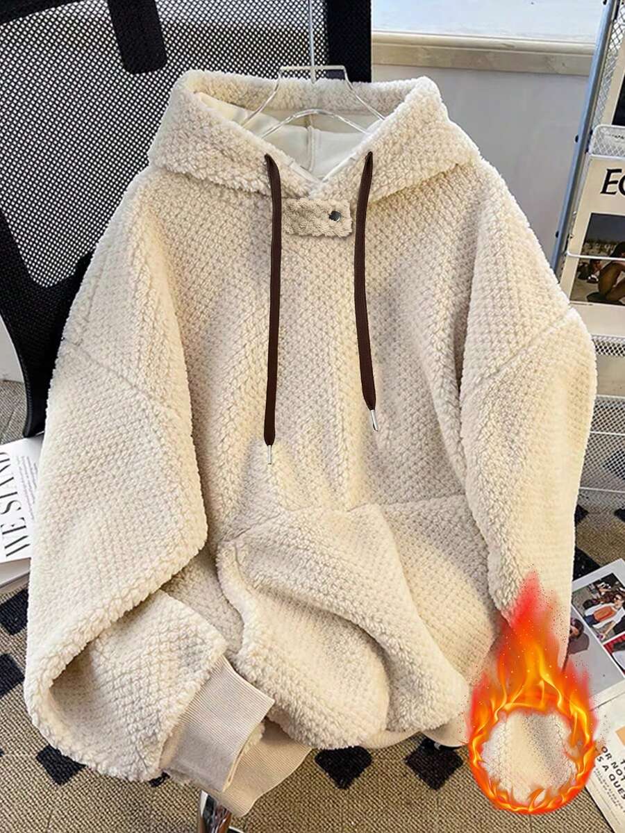 SHEIN LUNE Solid Color Pocket Warm Loose Fit Long Sleeve Sweatshirt, Autumn/Winter - Apricot - View 1