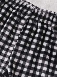 SHEIN 2件套女童毛绒格子长袖上衣和裤子休闲舒适柔软睡衣套装 - 黑色 - 查看 6