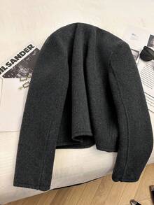 Franclia 时尚法式优雅短款棕色圆领长袖女士大衣，秋冬 - 深灰色 - 查看 2