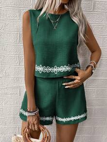 EMERY ROSE 女士梭织休闲度假夏季两件套 - 墨綠色 - 查看 3