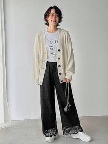 FRIFUL Damen einfarbige Hose mit elastischem Bund, Spitzenstoff, gerades Bein, asymmetrischer Saum, locker, vielseitig, Herbst/Winter - Schwarz - Übersicht 2