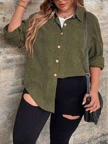SHEIN PETITE CURVE Plus Size Solid Button Front Shirt, Autumn Fabric - Army Green - View 7