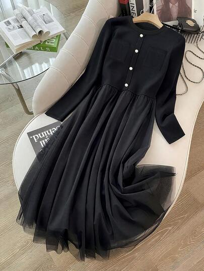 GlowEve Vestido casual feminino de malha, novo, 2 em 1, gola redonda, manga comprida, outono/inverno