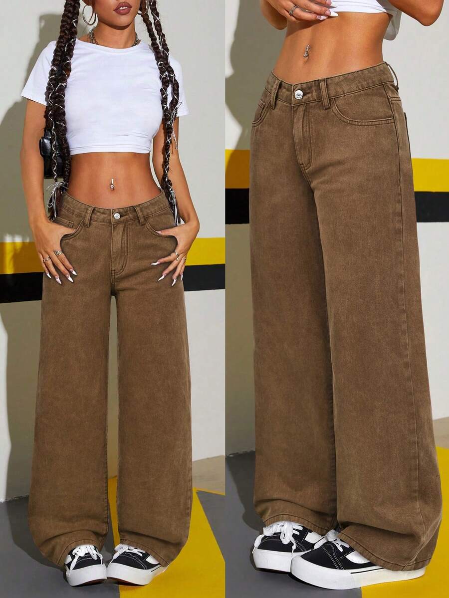 SHEIN Tall 時尚低腰豹紋水洗直筒牛仔褲,適合高個女性 - 棕色 - 查看 1