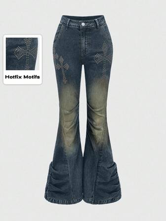 Grunge Punk Shibuya Girl Subkultur Y2K Kpop Retro Kreuz Metall Nieten Skinny Destroyed Schlaghose mit niedriger Taille für Frauen