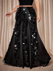 Cravure 大码女士优雅亮片美人鱼裙 – 奢华拼接黑色，新年完美之选 - 黑色 - 查看 4