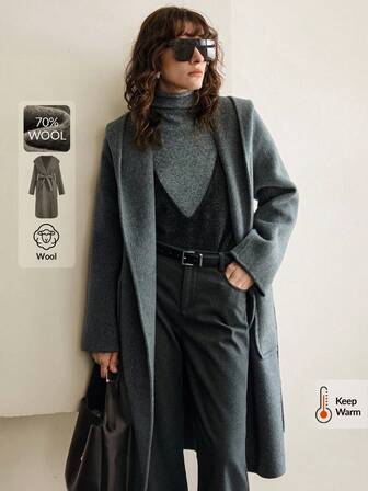 Ontre 女士休闲宽松双口袋连帽羊毛混纺大衣，秋冬