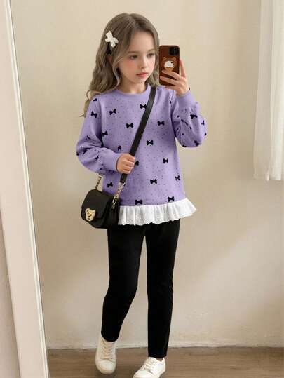 Elladie kids 女童休闲可爱蝴蝶结波点印花拼接荷叶边卫衣和弹力腰纯色打底裤两件套，返校季