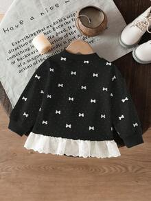 SHEIN 女婴时尚刺绣荷叶边下摆印花卫衣 - 黑色 - 查看 2