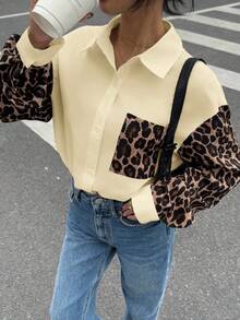 Siren Gaze 女士豹纹拼布长袖休闲衬衫，简约复古风女衬衫，女式衬衫，街头风衬衫，豹纹衬衫 - 杏色 - 查看 5