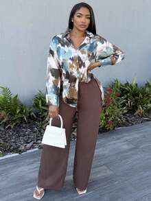 Alexandranx Retro High-End Palette Oil Painting Print Satin Long Sleeve Women Blouse Elegant Business Casual Women Button Up Shirt Women  - Multicolor - View 1