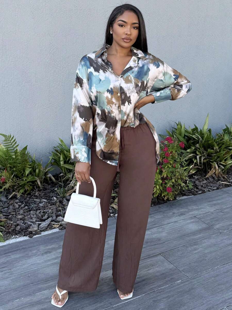 Alexandranx Retro High-End Palette Oil Painting Print Satin Long Sleeve Women Blouse Elegant Business Casual Women Button Up Shirt Women  - Multicolor - View 1