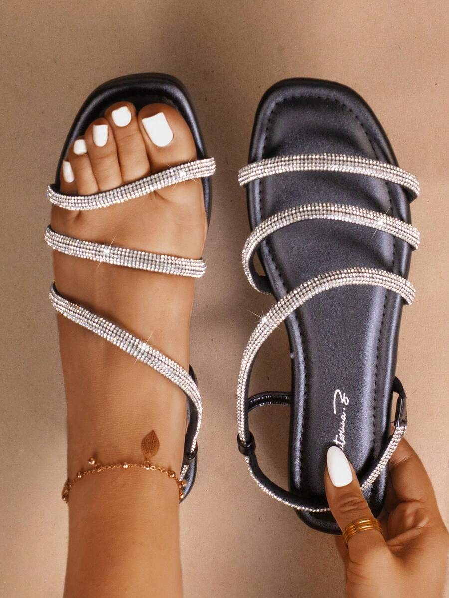 Sandalias para mujer con tiras brillantes, punta cuadrada, sin cordones, suela plana cómoda, estilo glamuroso minimalista, ideales para fiesta y uso diario - Negro - Ver 1