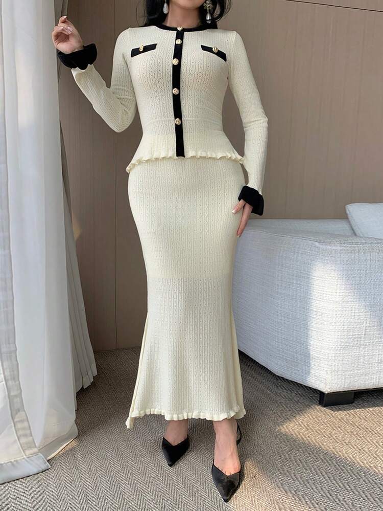 Women's Contrast Trim Button Front Long Sleeve Top And Skirt Elegant 2 Pieces Set