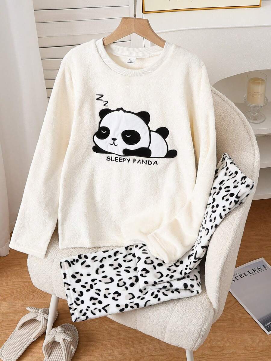 少女米色熊猫刺绣毛绒运动衫,搭配豹纹毛绒厚实舒适的长袖裤,家居服套装 - 杏色 - 查看 1