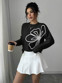 Elenzga Women's Crew Neck Floral Pattern Solid Color Pullover Sweater - Black - View 3
