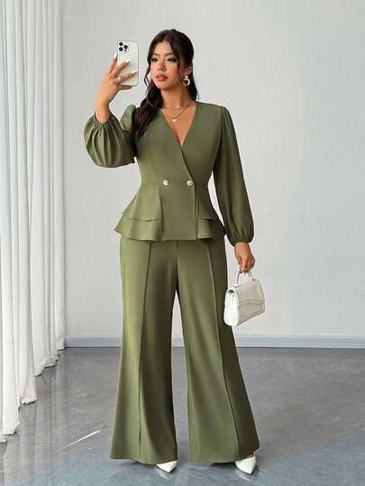 SHEIN Elenzya Plus Size Women's Elegant Sophisticated Commuter & Casual Blazer Collar Shirt And Wide Leg Pants 2 Pieces Set, Autumn/Winter