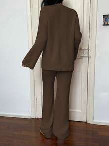 SHEIN Unity Conjunto de dos piezas de suéter de punto de unicolor y pantalones casuales para mujer, otoño/invierno - Marrón Chocolate - Ver 2