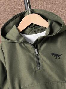 SHEIN Explorewe 2 件套小男孩卡通恐龙印花长袖连帽衫，带口袋和工装裤，休闲装 - 軍綠色 - 查看 8