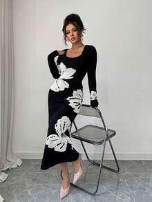 Elenzga Square Neck Jacquard Knit Bodycon Waist Sweater Dress - Black and White - View 6