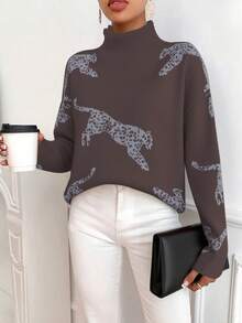 SHEIN Clasi Women's Leopard Pattern Loose Fit Dropped Shoulder Long Sleeve Turtleneck Sweater, Casual For Autumn/Winter - Brown - View 4