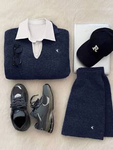 SHEIN Unity 女式 Polo 领长袖羊毛衫和短裤两件套，温暖舒适，精致刺绣，复古学院风，休闲日常穿着，返校，下午茶，复古氛围，秋季 - 藏蓝色 - 查看 4