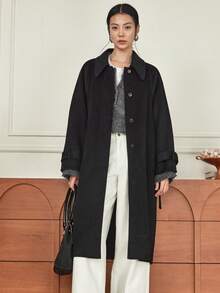 Dazy-Less 女士优雅时尚厚款长款羊毛混纺大衣，商务休闲，秋冬