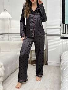 LuxeNights Valentine's Day Faux Silk Heart Print Long Sleeve Pajama Set With Lapel, Fall Winter Clothes Cozy And Elegant Details - Black - View 6