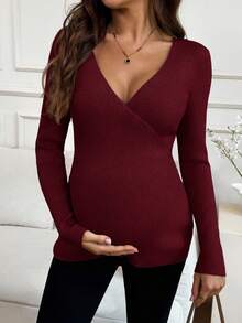 SHEIN Fall,Autumn Winter Maternity V-Neck Solid Color Long Sleeve Fitted Sweater Burgundy - Burgundy - View 3