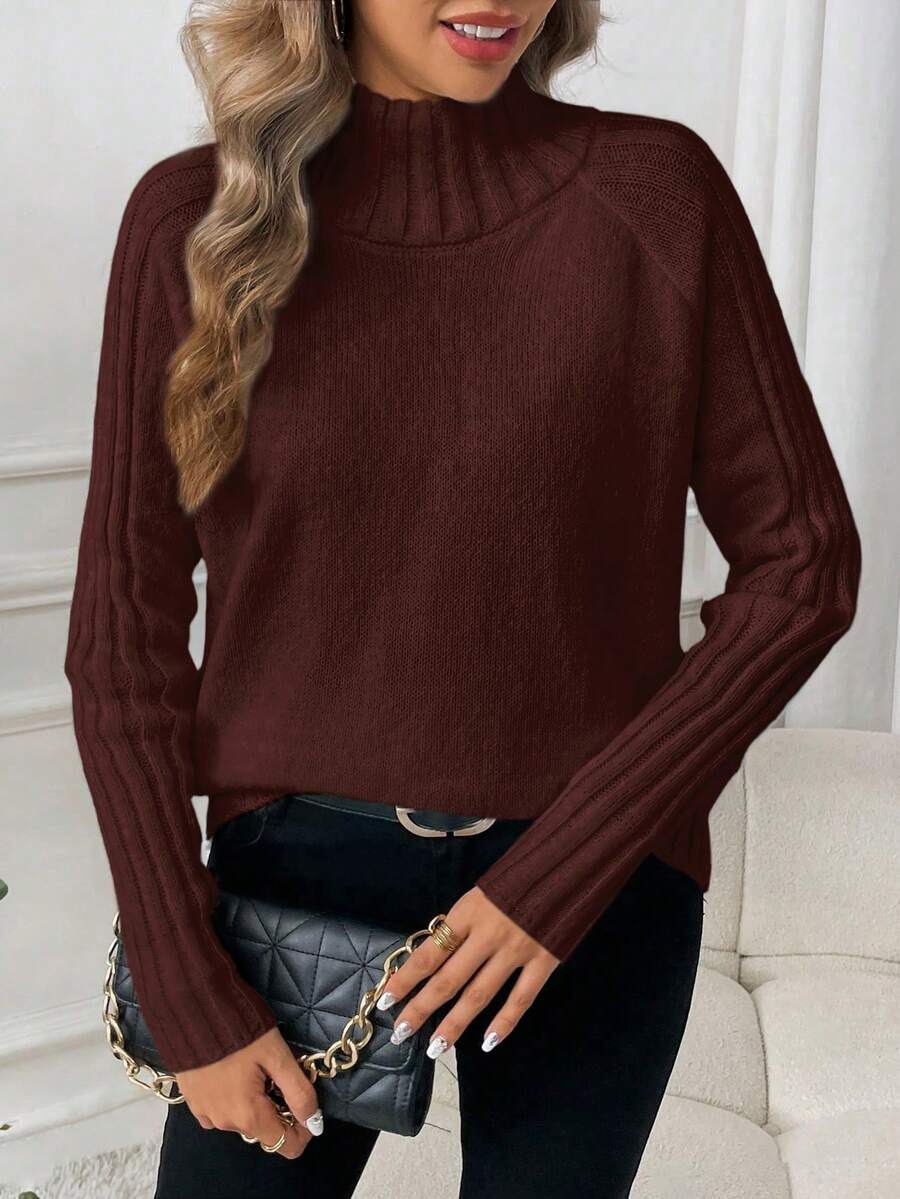 SHEIN LUNE 女式纯色高领插肩袖休闲毛衣,秋冬 - 咖啡棕 - 查看 1