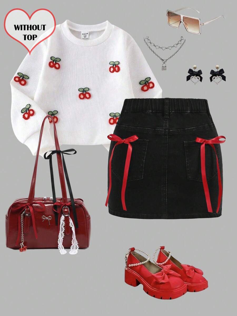 Girlism Tween Girl Y2k Vintage Cute Red Ribbon Bowknot Black Denim Mini Skirt Fall Winter,For Girls Fall/Winter Dailywear Outfits,Girls Streetwear Outfits,Halloween Outfits,Christmas Outfits,Winter Clothes,Teen Skirt,Christmas Skirt,Cherry Outfit,Red And Black Outfit For Girls, Girl Outfit Set,Cherry Sweater,Red Bow Skirt