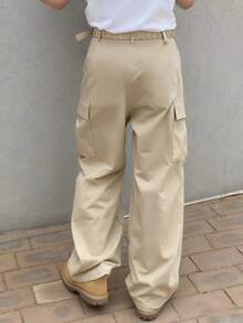 Manfinity Roghcode 男士卡其色多口袋工装裤，工装裤，宽松裤，街头服饰，百搭双褶可调节直筒休闲裤，男士工装裤，实用裤，卡其色工装裤，男士工装裤 - 卡其色 - 查看 2