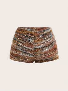 SHEIN ICON 女士美拉德亮片人造毛皮装饰紧身迷你裙，复古风格，秋冬 - 彩色 - 查看 6