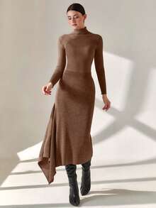 CLARA VERO Smart Office Chic Asymmetrical Cut Midi Length Knitted Skirt - Camel - View 4