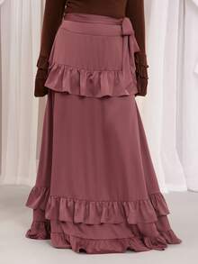 VOLUPTÉ CURVE Plus Size Women's Spring/Summer Pink Floor Length Skirt Solid Woven Double Ruffle Elastic Waist A-Line, Elegant Commute Party Casual Skirt - Rust Brown - View 3