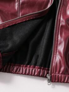 SHEIN Teen Girl Solid Color PU Leather Zip-Up Jacket, Autumn - Red - View 8