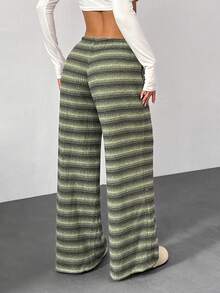 SHEIN PETITE 女士舒适休闲简约低腰抽绳阔腿裤条纹裤套装舒适裤套装女式休闲裤套装 - 綠色 - 查看 2